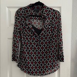 INC International Concepts Black and Red Graphic 3/4 Sleeve Blouse